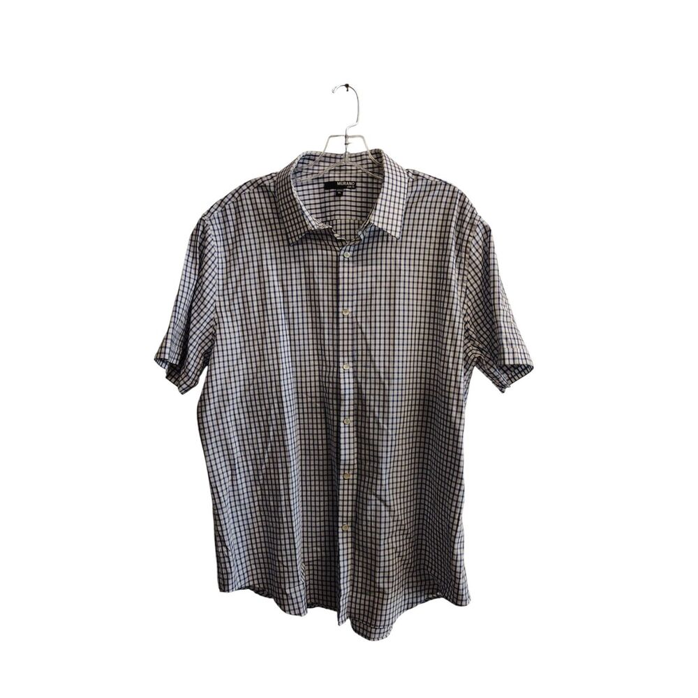 Murano Men's XL Blue And White Grid‎ Pattern Button Snap Down Short Sleeve Shirt